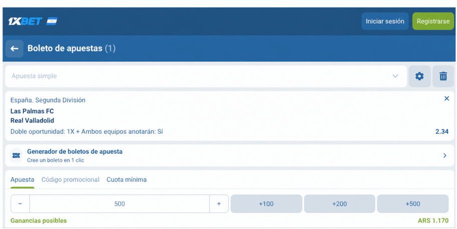 Captura de pantalla del boleto de apuestas para el Las Palmas vs Valladolid en 1xBET LATAM