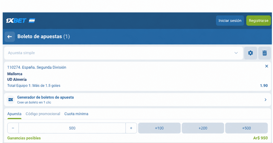 Captura de pantalla del boleto de apuestas para el Mallorca vs Almer&iacute;a en 1xBET LATAM
