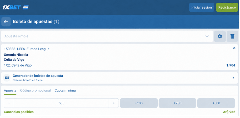 Captura de pantalla del boleto de apuestas para el Omonia vs Celta de Vigo en 1xBET LATAM