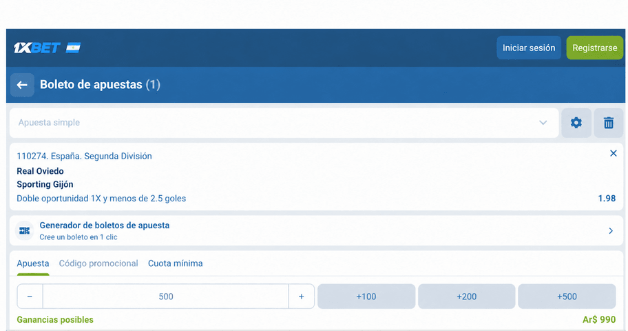 Captura de pantalla del boleto de apuestas para el Oviedo vs Sporting en 1xBET LATAM