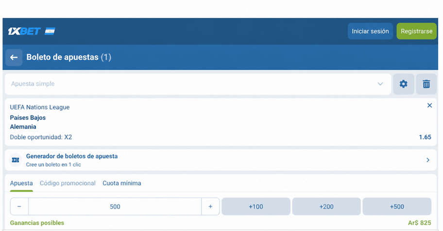 Captura de pantalla del boleto de apuestas para el Pa&iacute;ses Bajos vs Alemania en 1xBET LATAM