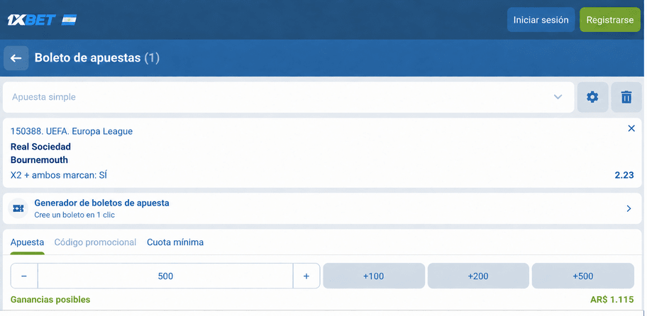 Captura de pantalla del boleto de apuestas para el Real Sociedad vs Bournemouth en 1xBET LATAM