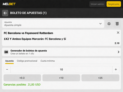 Pantallazo del boleto de apuestas para el Barcelona vs Feyenoord en Melbet