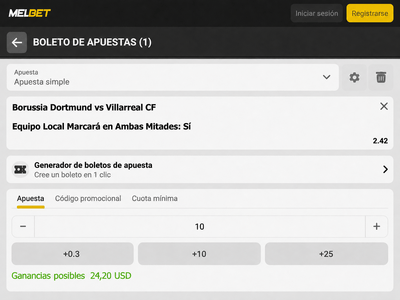 Pantallazo del boleto de apuestas para el Borussia Dortmund vs Villarreal en Melbet