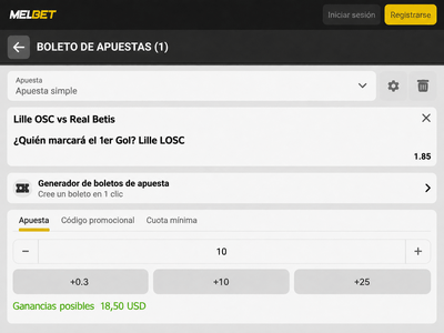 Pantallazo del boleto de apuestas para el Lille vs Betis en Melbet