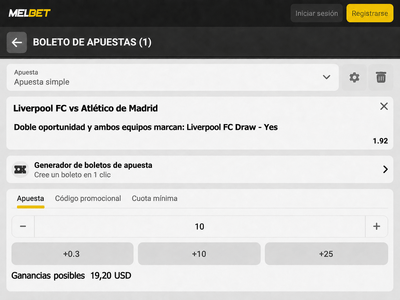 Pantallazo del boleto de apuestas para el Liverpool vs Atl&eacute;tico de Madrid en Melbet