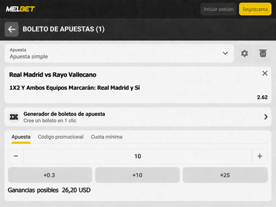 Pantallazo del boleto de apuestas para el Real Madrid vs Rayo Vallecano en Melbet