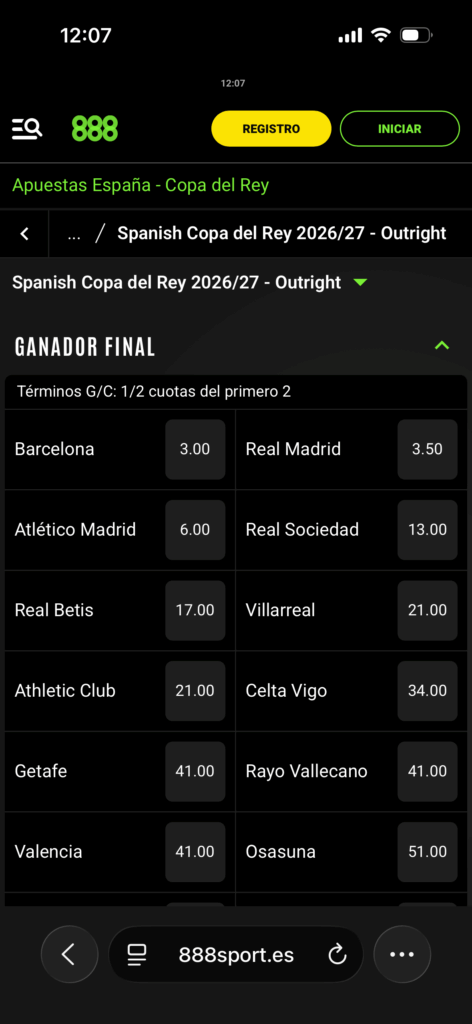 Captura mercado anticipado Ganador de la Copa del Rey en 888sport