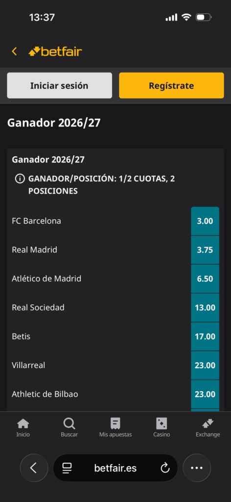 Captura de pantalla apuestas al ganador de la Copa del Rey betfair