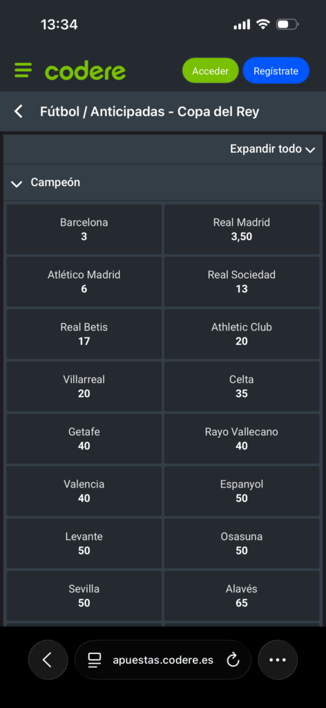 Captura de pantalla mercado de apuestas al ganador de la Copa del Rey en codere