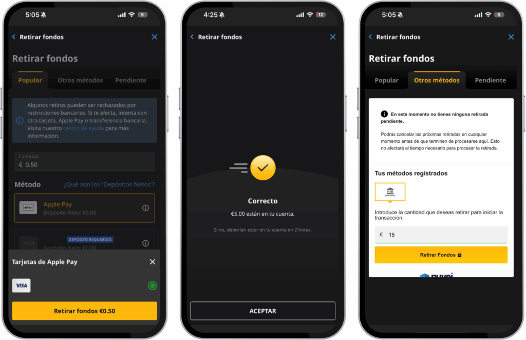 Betfair, pantalla de retirada con Apple Pay 1