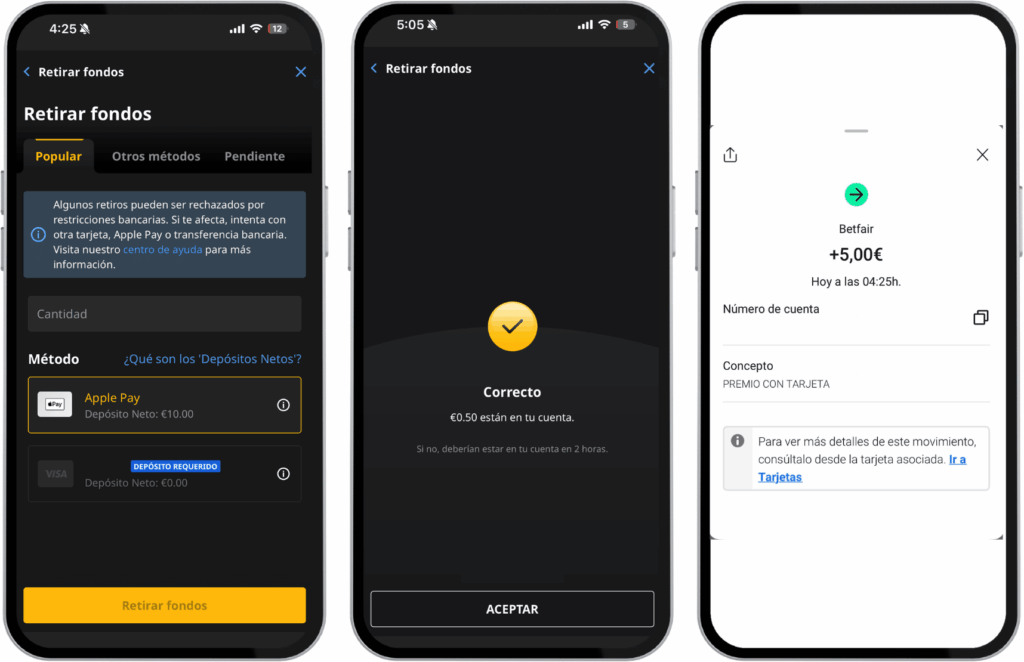Betfair, pantalla de retirada con Apple Pay