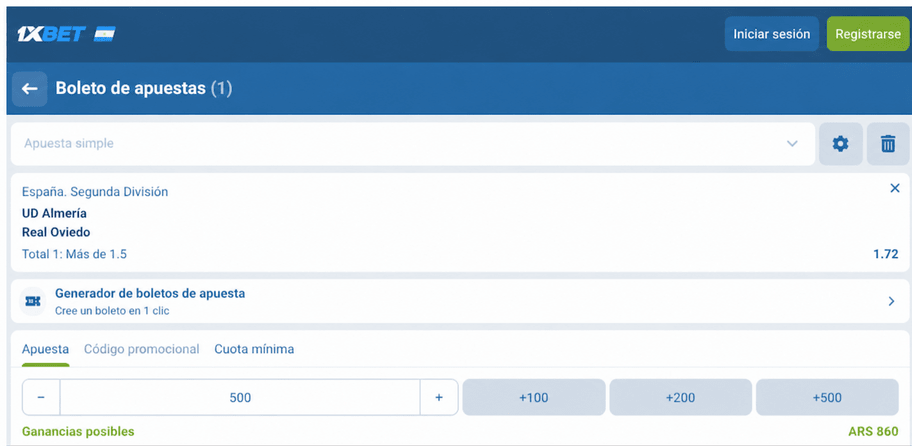 Captura de pantalla del boleto de apuestas Almeria vs Oviedo en 1xBET LATAM