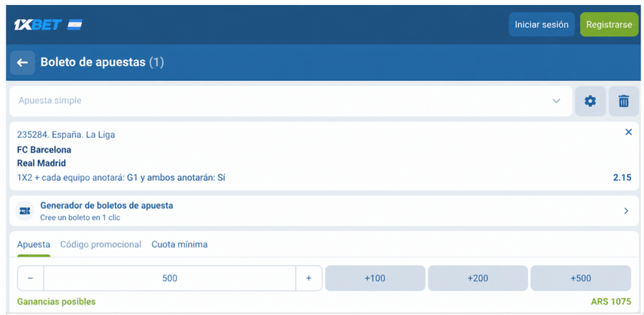 Captura de pantalla del boleto de apuestas Barcelona vs Real Madrid en 1xBET LATAM