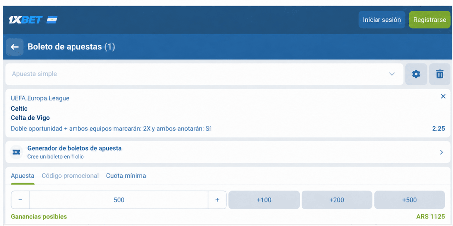 Captura de pantalla del boleto de apuestas Celtic vs Celta en 1xBET LATAM
