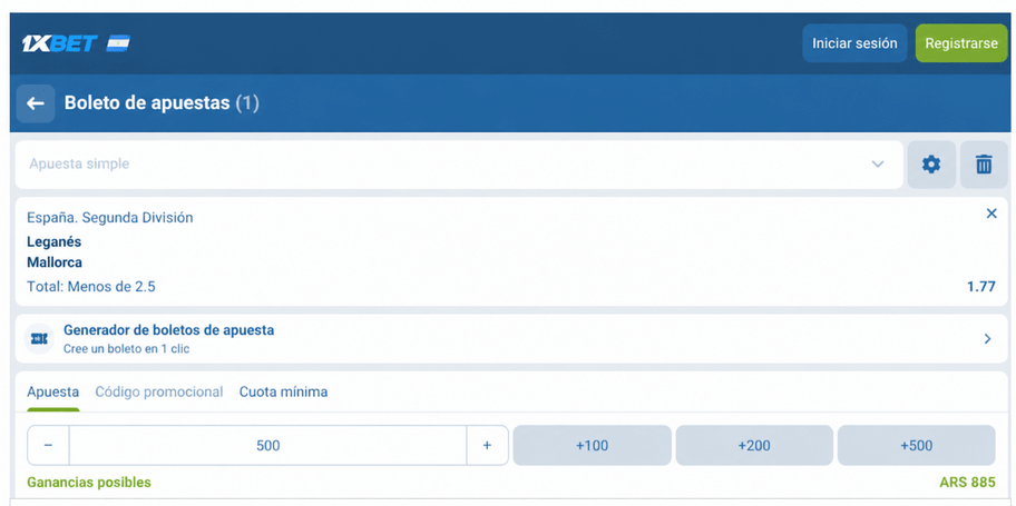 Captura de pantalla del boleto de apuestas Leganes vs Mallorca en 1xBET LATAM
