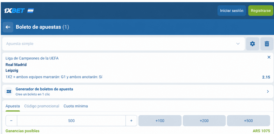 Captura de pantalla del boleto de apuestas Real Madrid vs Leipzig en 1xBET LATAM