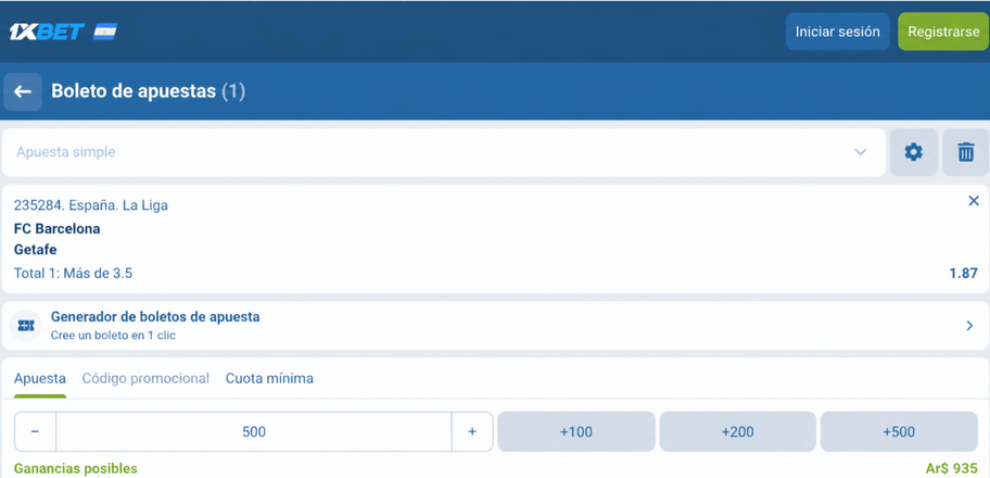 Captura de pantalla del boleto de apuestas para el Barcelona vs Getafe en 1xBET LATAM