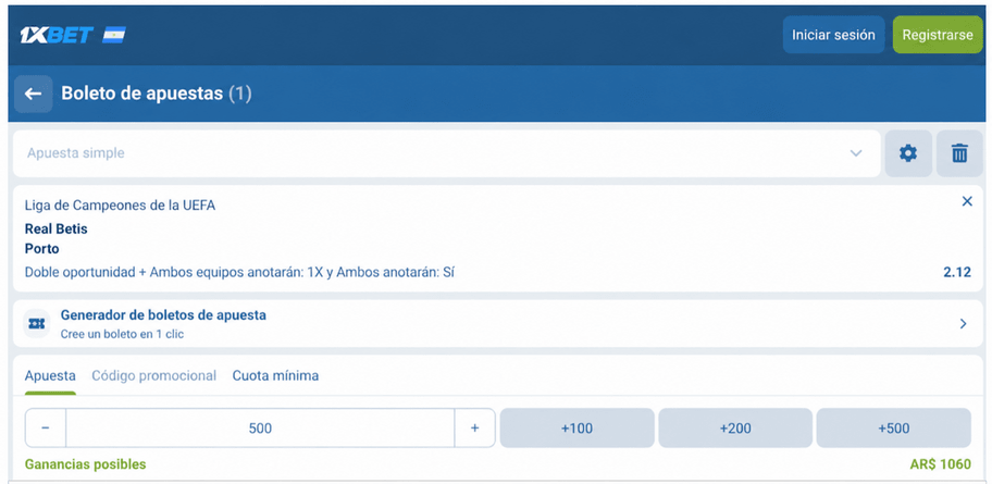Captura de pantalla del boleto de apuestas para el Betis vs Oporto en 1xBET LATAM
