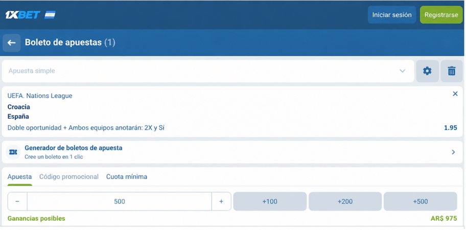 Captura de pantalla del boleto de apuestas para el Croacia vs España en 1xBET LATAM