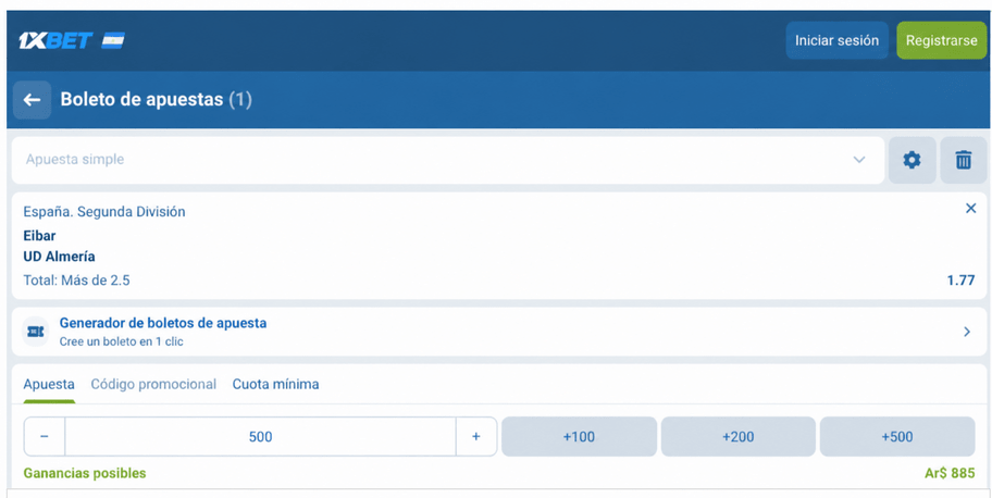 Captura de pantalla del boleto de apuestas para el Eibar vs Almer&iacute;a en 1xBET LATAM