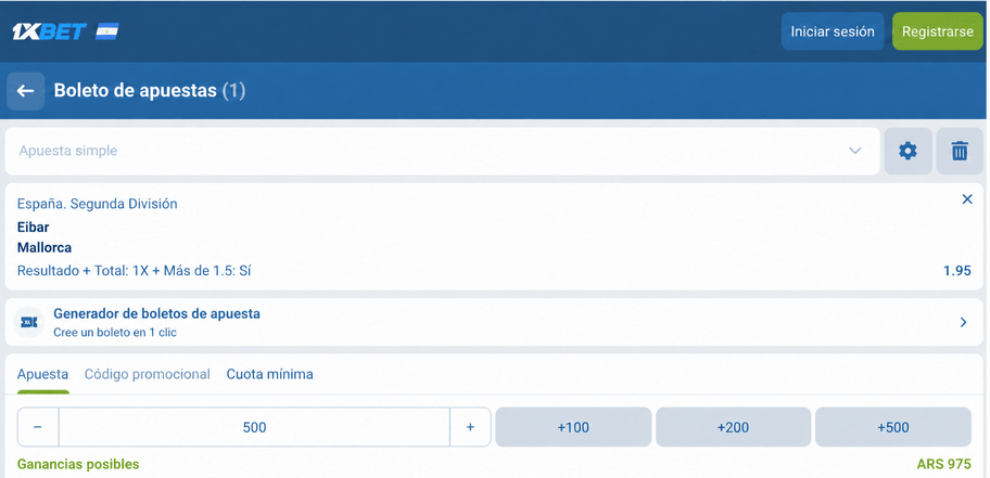 Captura de pantalla del boleto de apuestas para el Eibar vs Mallorca en 1xBET LATAM