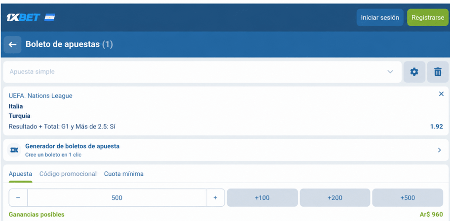 Captura de pantalla del boleto de apuestas para el Italia vs Turquía en 1xBET LATAM