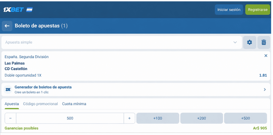 Captura de pantalla del boleto de apuestas para el Las Palmas vs Castell&oacute;n en 1xBET LATAM