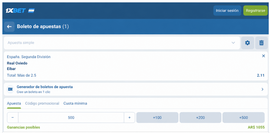 Captura de pantalla del boleto de apuestas para el Oviedo vs Eibar en 1xBET LATAM