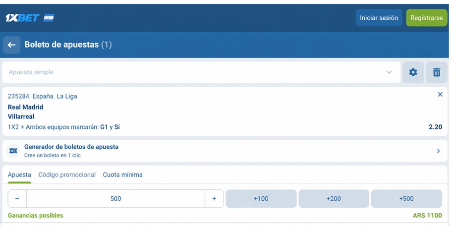 Captura de pantalla del boleto de apuestas para el Real Madrid vs Villarreal en 1xBET LATAM