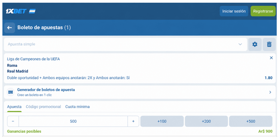 Captura de pantalla del boleto de apuestas para el Roma vs Real Madrid en 1xBET LATAM