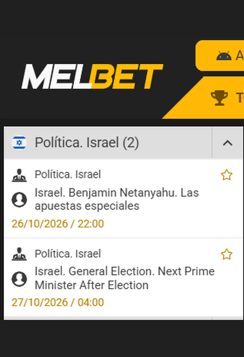 Captura de pantalla elecciones Iarael 2026 en Melbet