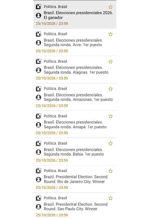 Captura de pantalla mercados elecciones Brasil 2026 en Melbet
