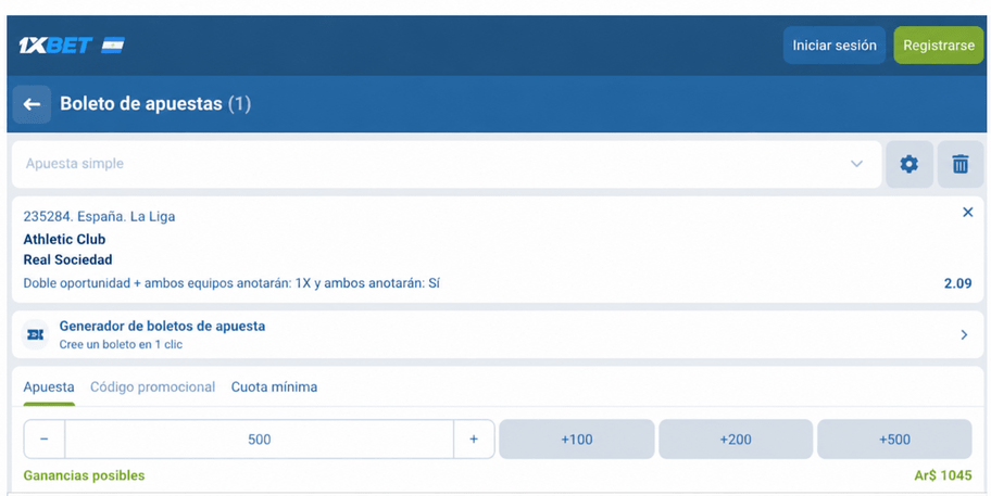 Captura de pantalla para el boleto de apuestas Athletic vs Real Sociedad en 1xBET LATAM