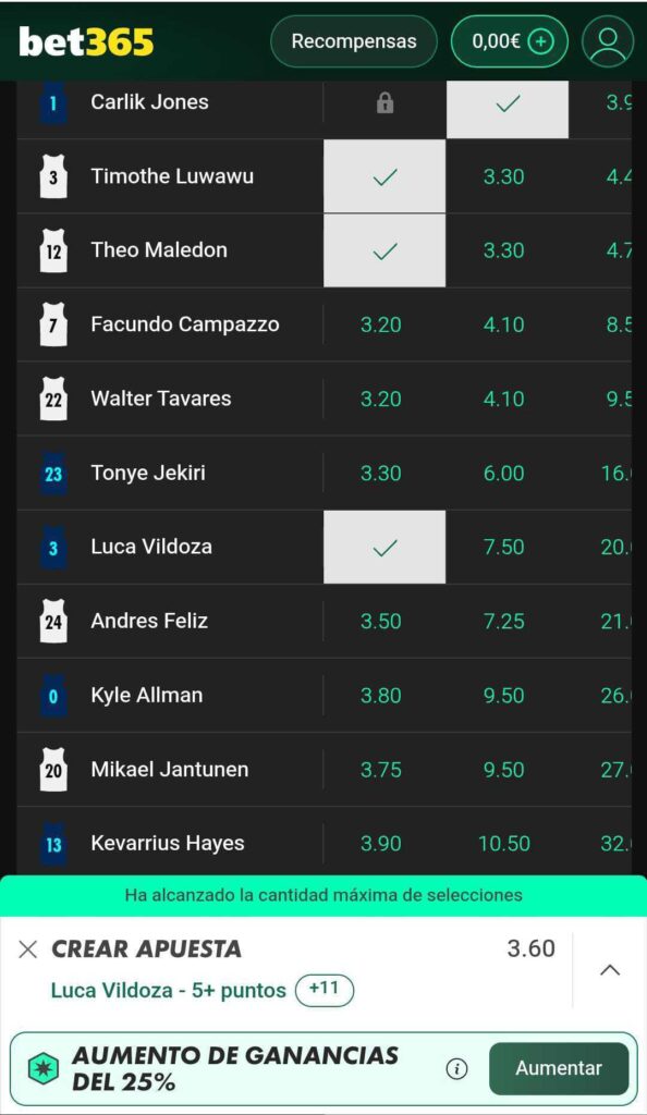 Combinaciones permitidas en crear apuesta de bet365