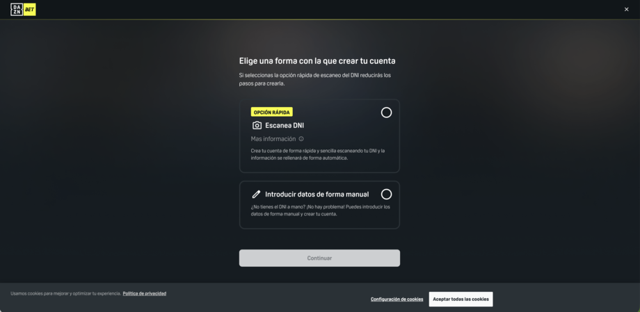 DAZN BET casino registro paso 1