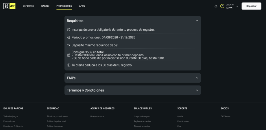 DAZN BET casino terminos y condiciones bono