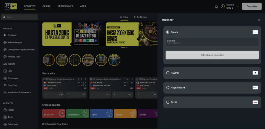 DAZN BET depositos con Bizum