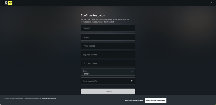 DAZN BET registro formulario bienvenida