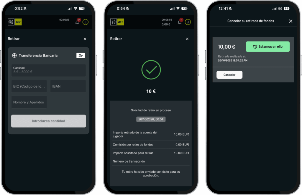 DAZN Bet, retirada por transferencia de 5 € a 5.000 €. 