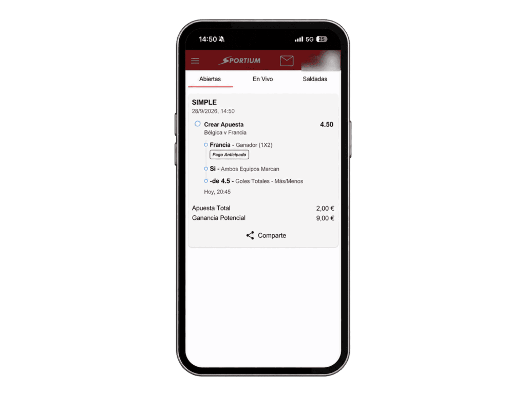 Mockup de teléfono con apuesta Sportium