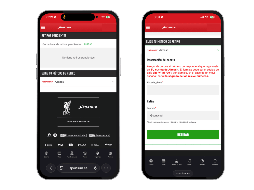 Sportium, Aircash como único método de retiro (1)