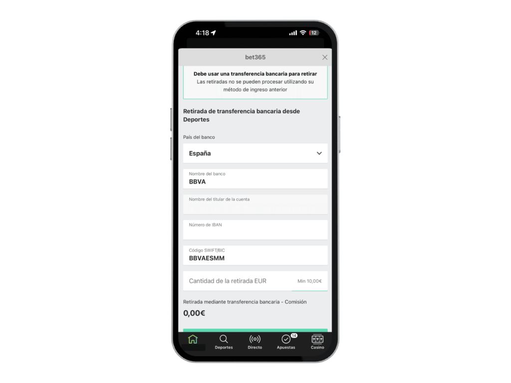bet365, retirada obligatoria por transferencia sin comisión