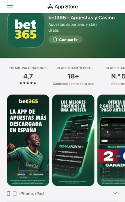 Imagen app bet365 en App Store - nr de descargas y valoraciones