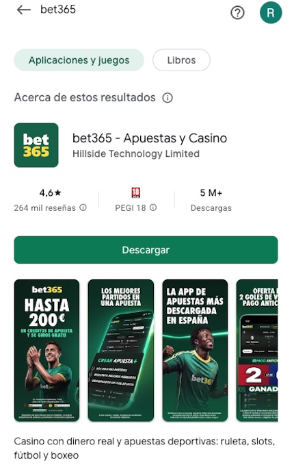 Imagen app bet365 en Play Store - nr de descargas y valoraciones