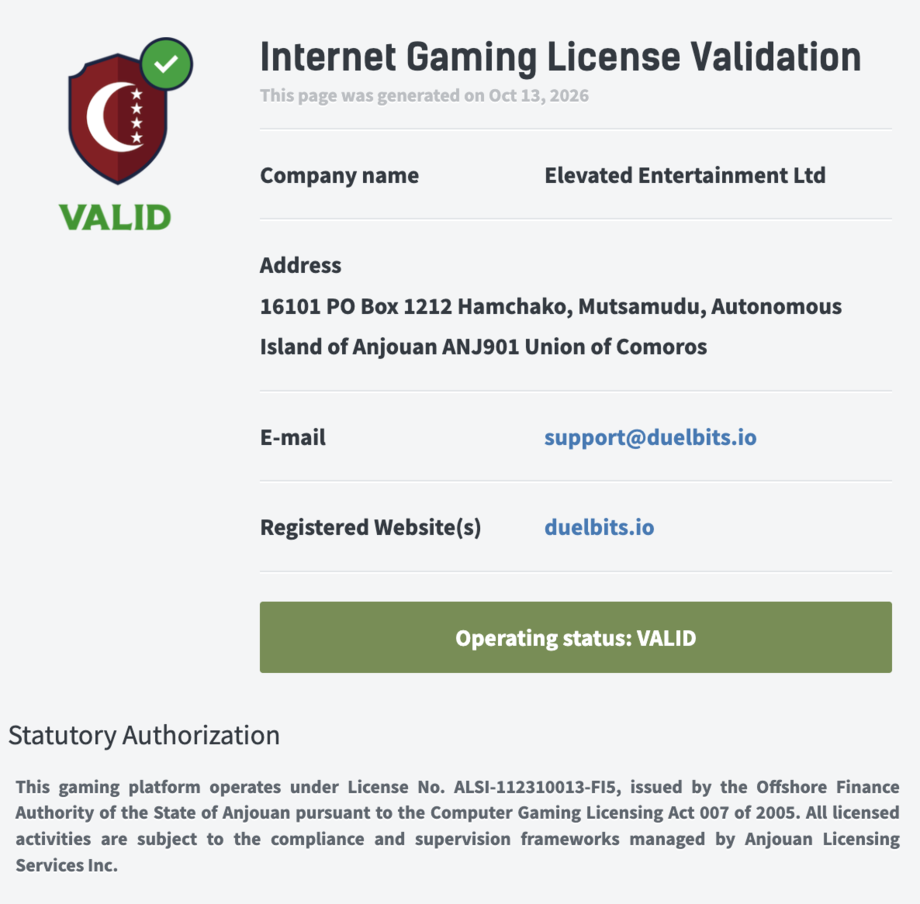 duelbits seguridad licencia anjouan