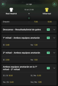 Variantes de ambos marcan por mitades en el Real Madrid&ndash;Villarreal en bet365. Captura de pantalla tomada por ApuestasOnline el 01/10/2026.