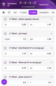 Ambos marcan en la segunda parte del Real Madrid&ndash;Villarreal en TonyBet. Captura de pantalla tomada por ApuestasOnline el 01/10/2026.