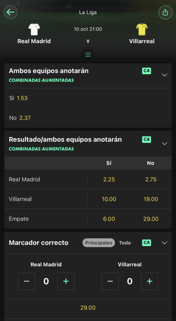 Mercado de ambos marcan en el Real Madrid&ndash;Villarreal en bet365. Captura de pantalla tomada por ApuestasOnline el 01/10/2026