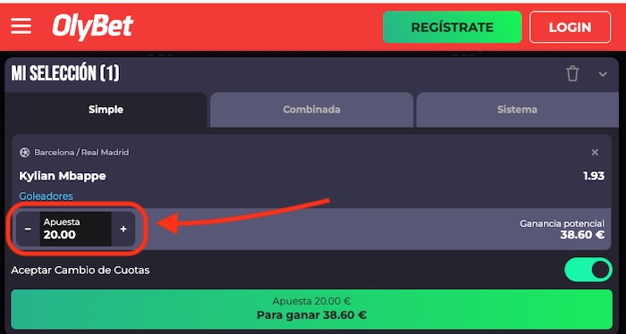Imagen apuesta inicial gol de mbappe promo el clasico Olybet